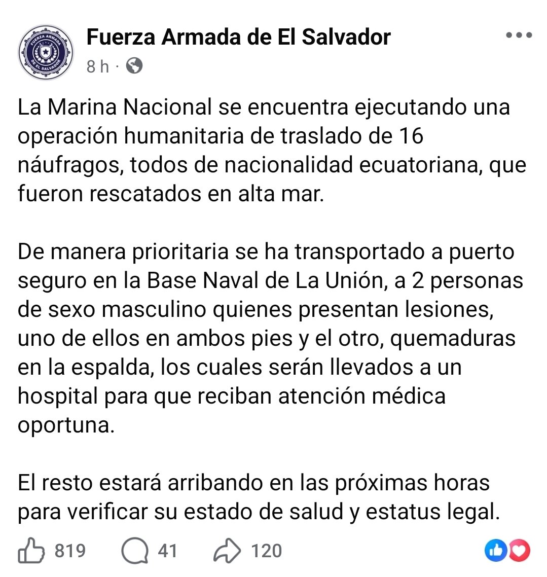 #Urgente Los 16 pescadores ecuatorianos que habían sido reportados como desaparecidos desde el 2 de marzo tras el incendio del barco que tripulaban, fueron rescatados en las costas de El Salvador. La noticia fue emitida a través de la cuenta X de las FF.AA. de ese país.
Noticia