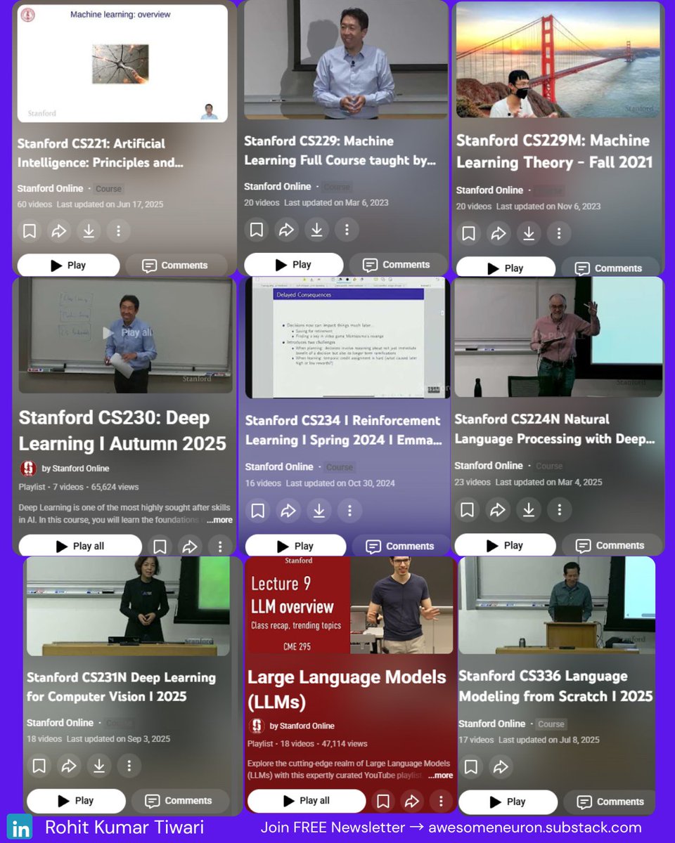 RodmanAi's tweet photo. If you want to learn AI the right way, start here.

No shortcuts. No hype. No fluff.

Top 10 Stanford's Courses on AI & ML.

CS221: Artificial Intelligence
CS229: Machine Learning
CS229M: Machine Learning Theory
CS230: Deep Learning
CS234: Reinforcement Learning
CS224N: Natural Language Processing
CS231N: Deep Learning for Computer Vision
CME295: Large Language Models (LLMs)
CS236: Deep Generative Models
CS336: Language Modeling from Scratch