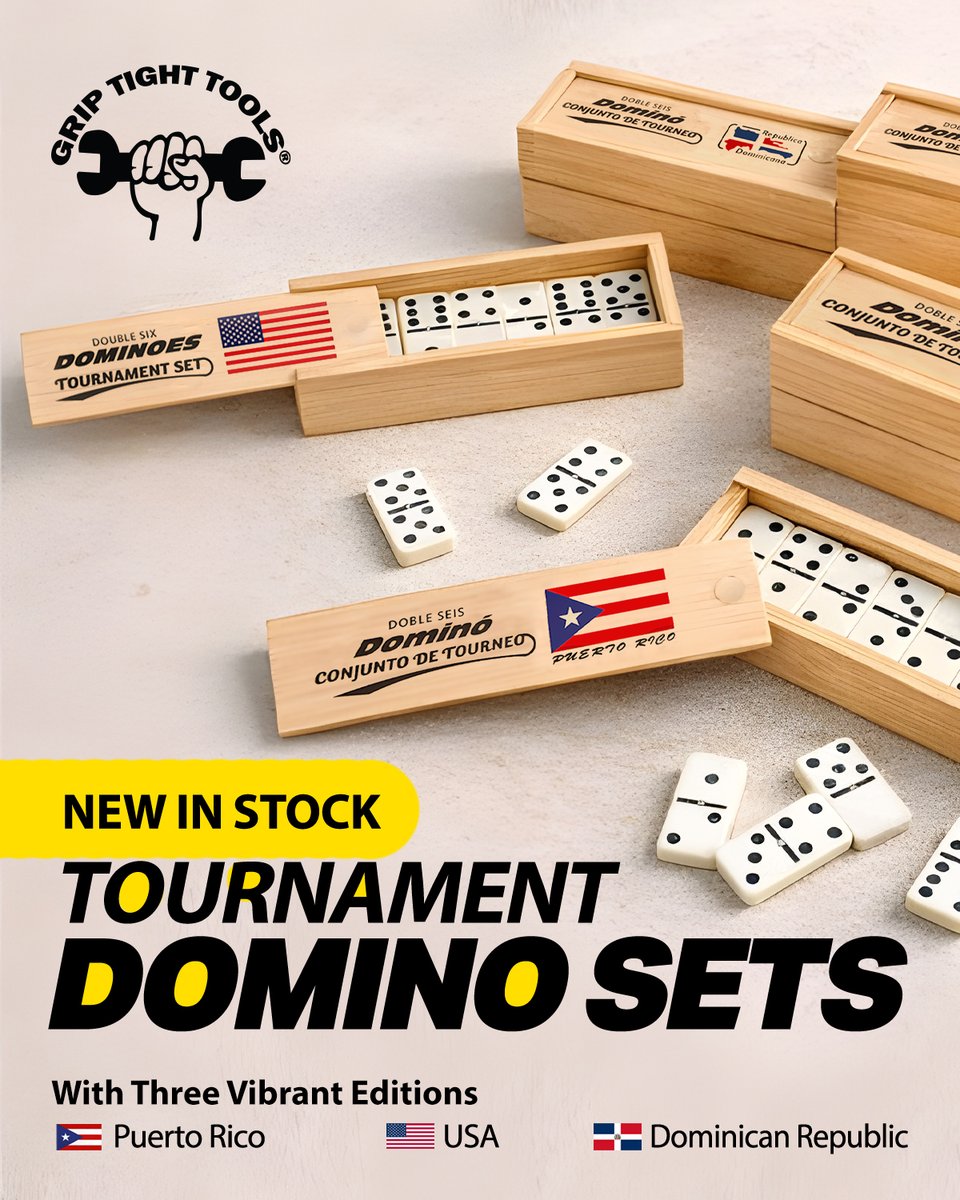 GripTight10's tweet photo. 📷NEW IN STOCK📷
Level up game night with our Tournament Domino Set, now available in 3 vibrant editions representing:
📷Puerto Rico •📷 USA • 📷Dominican Republic
Shop Now: https://t.co/bVgvmH7rG9
#Dominoes #tournamentdominoes #GameNight #GripTightTools #specials
@followers https://t.co/XUbu66JsF6