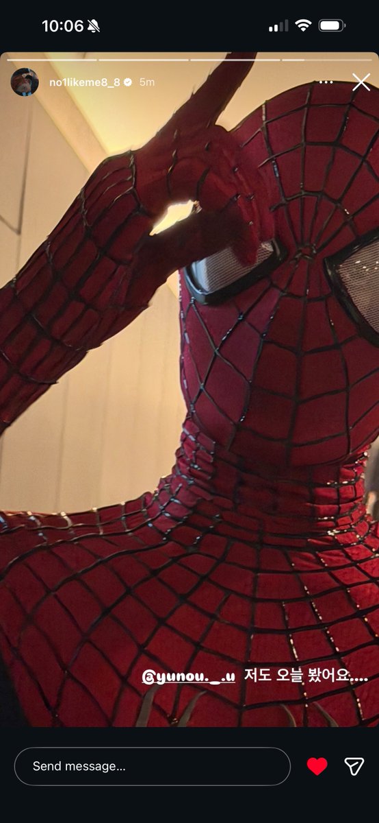 hongjjong's tweet photo. hongjoong posting yunho as spiderman, bro thinks hes mj 😭 https://t.co/rayv9SNR1o