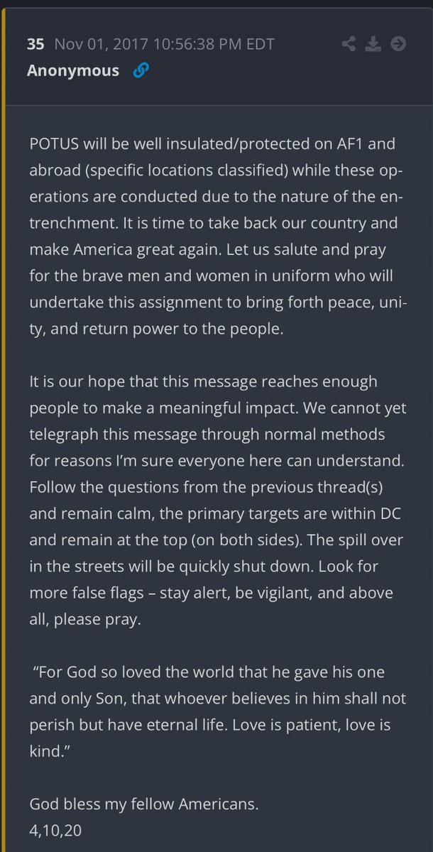 21/ Drop 35: This is what we’re leading up to. The moment we see big arrests, the moment we’ve all been waiting for. The moment when everyone will learn what has been going on and why Trump has done everything to make America great again. Be excited! We’re almost there, Patriots!