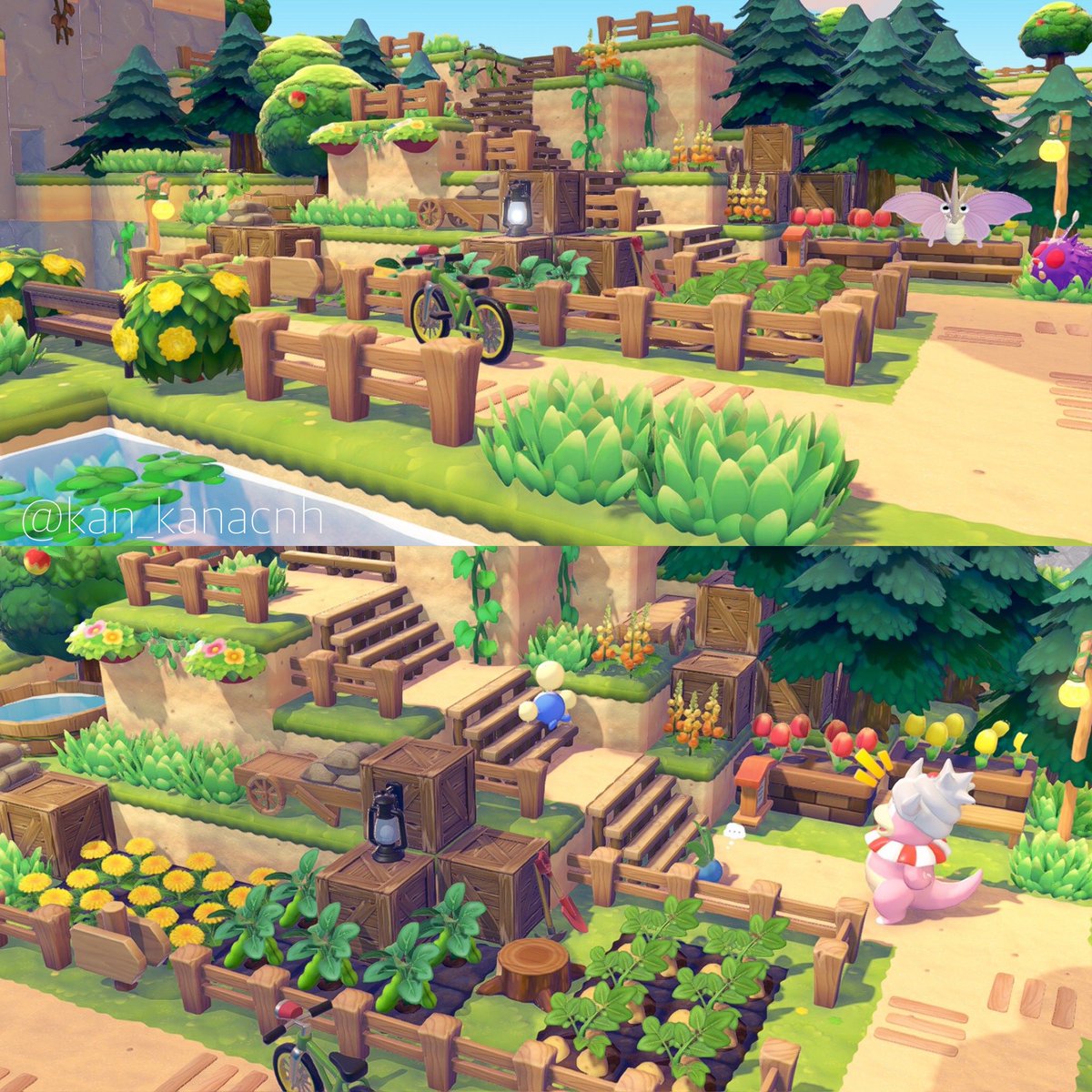 パサパサ最初の階段崖下は小さな畑🌱
みんなわちゃわちゃ可愛い。
#ぽこあポケモン　#PokémonPokopia