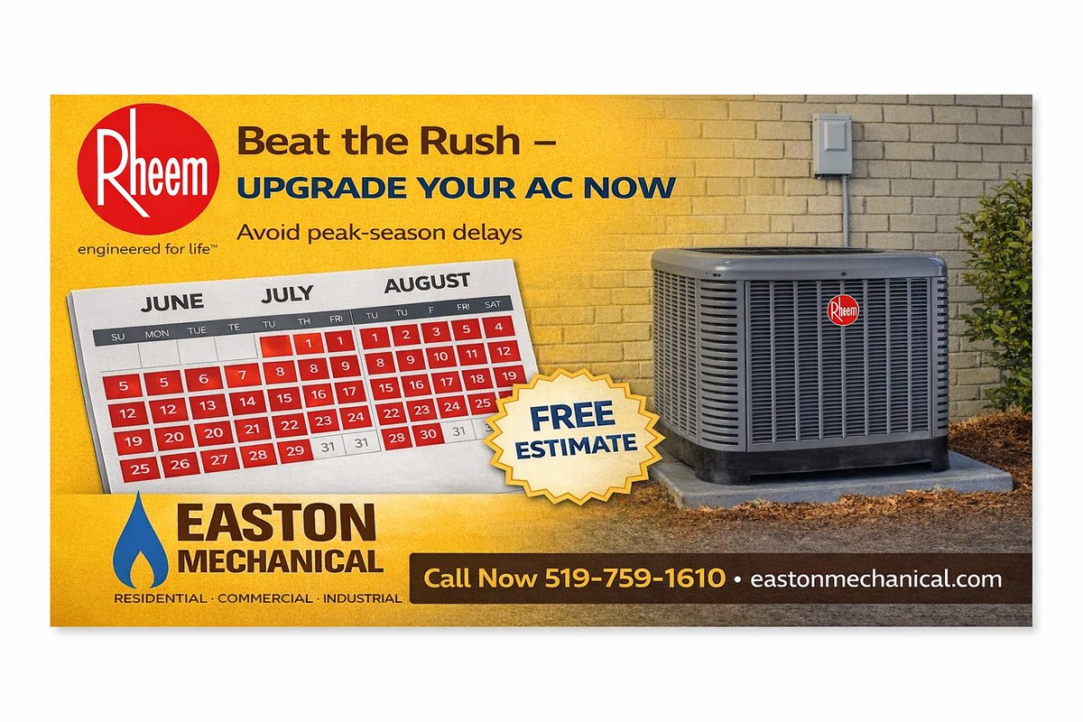 Beat the rush — upgrade your AC now.
Avoid peak-season delays and get it done before the heat hits.

✔ Certified Rheem systems
✔ Professional installation
✔ FREE estimates

📞 519-759-1610
🌐 eastonmechanical.com

#Brantford #HVAC #AirConditioning #HomeComfort #Rheem