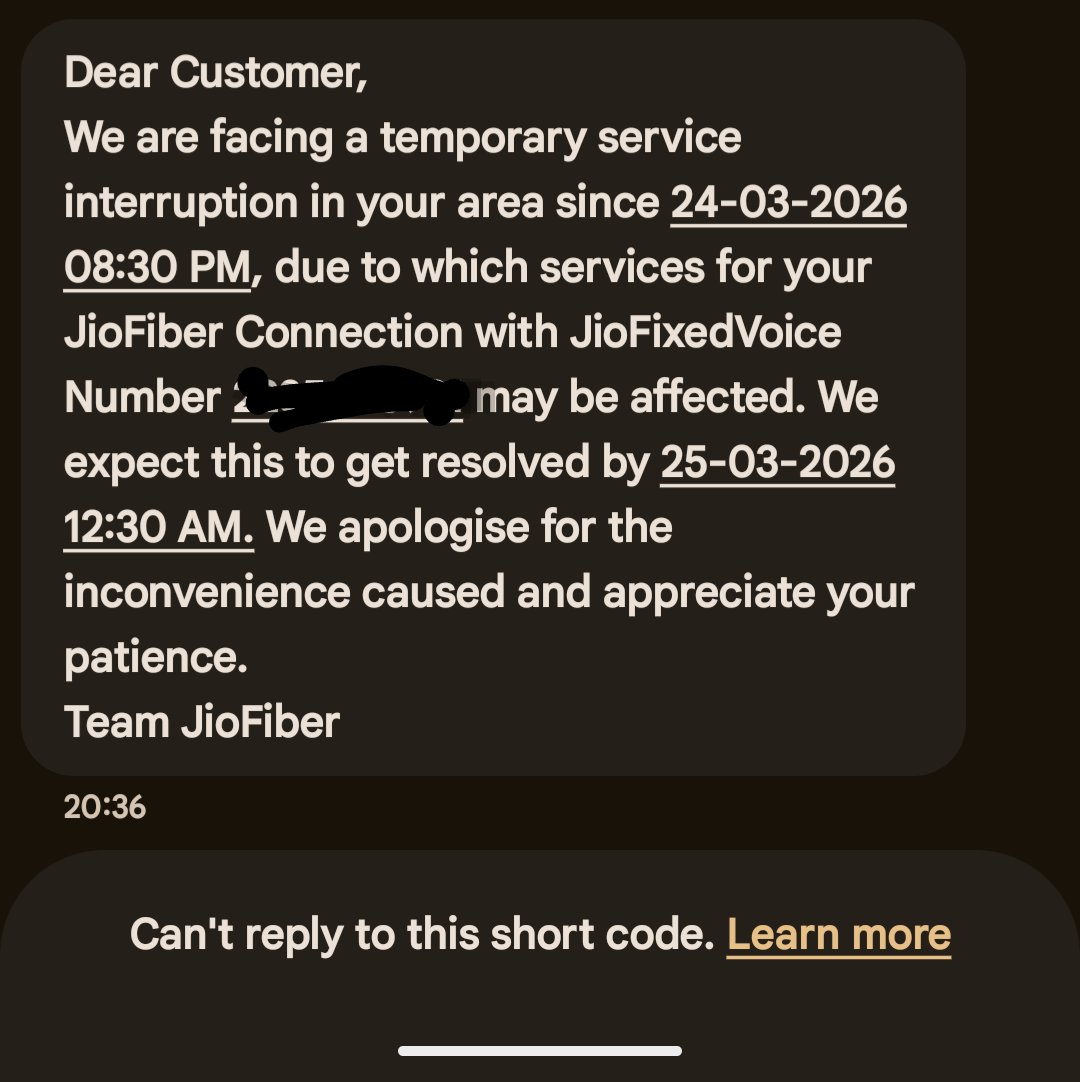 jerryflyboy1972's tweet photo. @JioCare @reliancejio 4 hrs of service interruptions but no Compensation in the form of extended hours even though JioFiber is a prepaid service. Shameful. https://t.co/XM98lgLPqN
