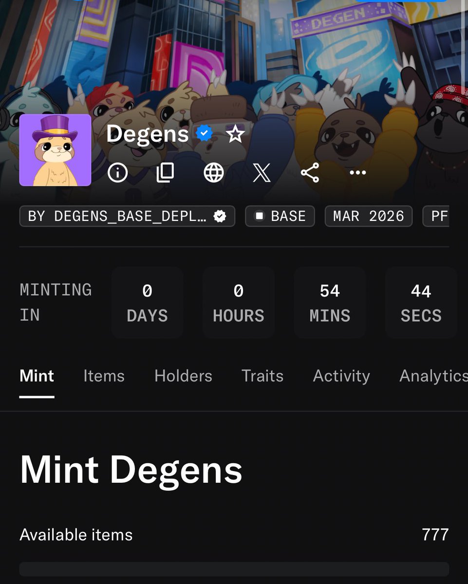 The mint <a href="/degentokenbase/">Degen 🎩</a> today. It will be very interesting to watch.

🎩 777 FREE 💰

I think they will buy everything out on the gtd, although if they leave places for fcfs, people will buy everything with bots.

🫩 I'm just an observer from the outside, unfortunately