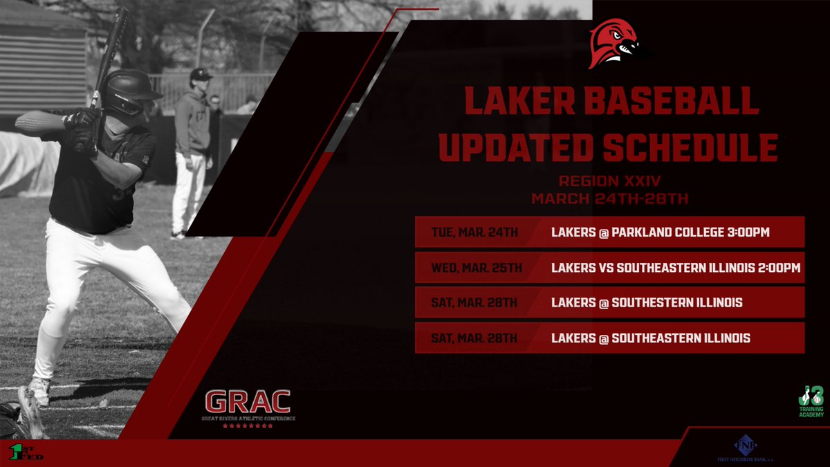 LLCAthletics's tweet image. Lakers have an update to @LLC_Baseball schedule. 
today, Lakers travel to take on the Cobras of Parkland College.
Tomorrow lakers welcome the Falcons of SIC to Laker Baseball Field for a 2:00pm first pitch. 

#LakerUp #L4L