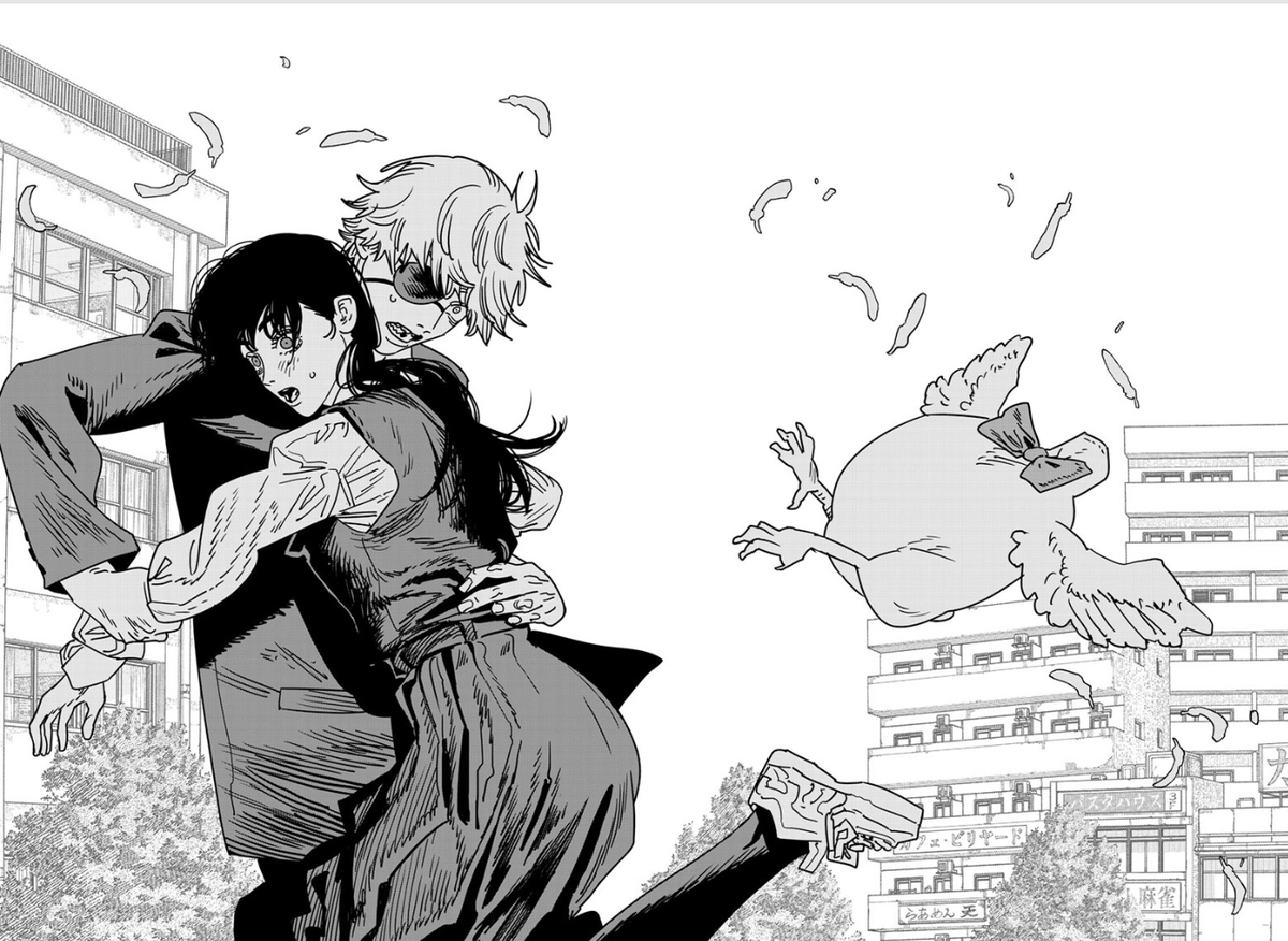 KalopLee's tweet photo. I need a while to process it and I might change my mind later. But 1st impressions, it seems like a lukewarm "happy ending" that could have been used whenever Fujimoto wanted to end.

I do like this scene and it'll definitely go hard in the anime.

#chainsawman232 #csm232 https://t.co/Q8g2wKlK7b