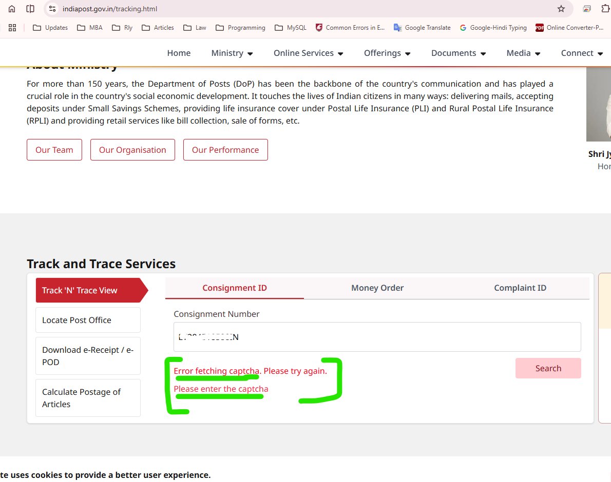 pchandra2k's tweet photo. Dear @IndiaPostOffice Team,
There is repeated Captcha loading error on your website, due to which consignment tracking is not possible.

Please look into the technical error and resolve for the convenience of the customers. https://t.co/A0RfjPETfV