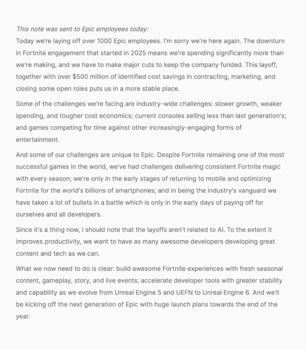 RTB_io's tweet photo. JUST IN: Epic Games has laid off more than 1,000 employees, saying the cuts were not related to AI.

#EpicGames #Layoffs #Jobs #AI