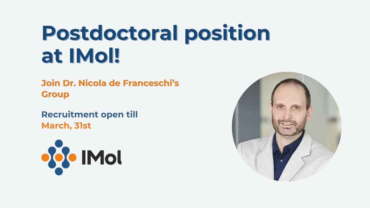 IMol_Institute's tweet photo. Join Dr. Nicola De Franceschi’s Group as a Postdoc  in a fully funded NCN SonataBis12 grant. 

Starting May 1, 2026 (or as soon as possible).

To apply, please submit your documents via the application form: https://t.co/F5k98ytZ3e

#IMol #ScientificJob https://t.co/YoEA2CQ8IV