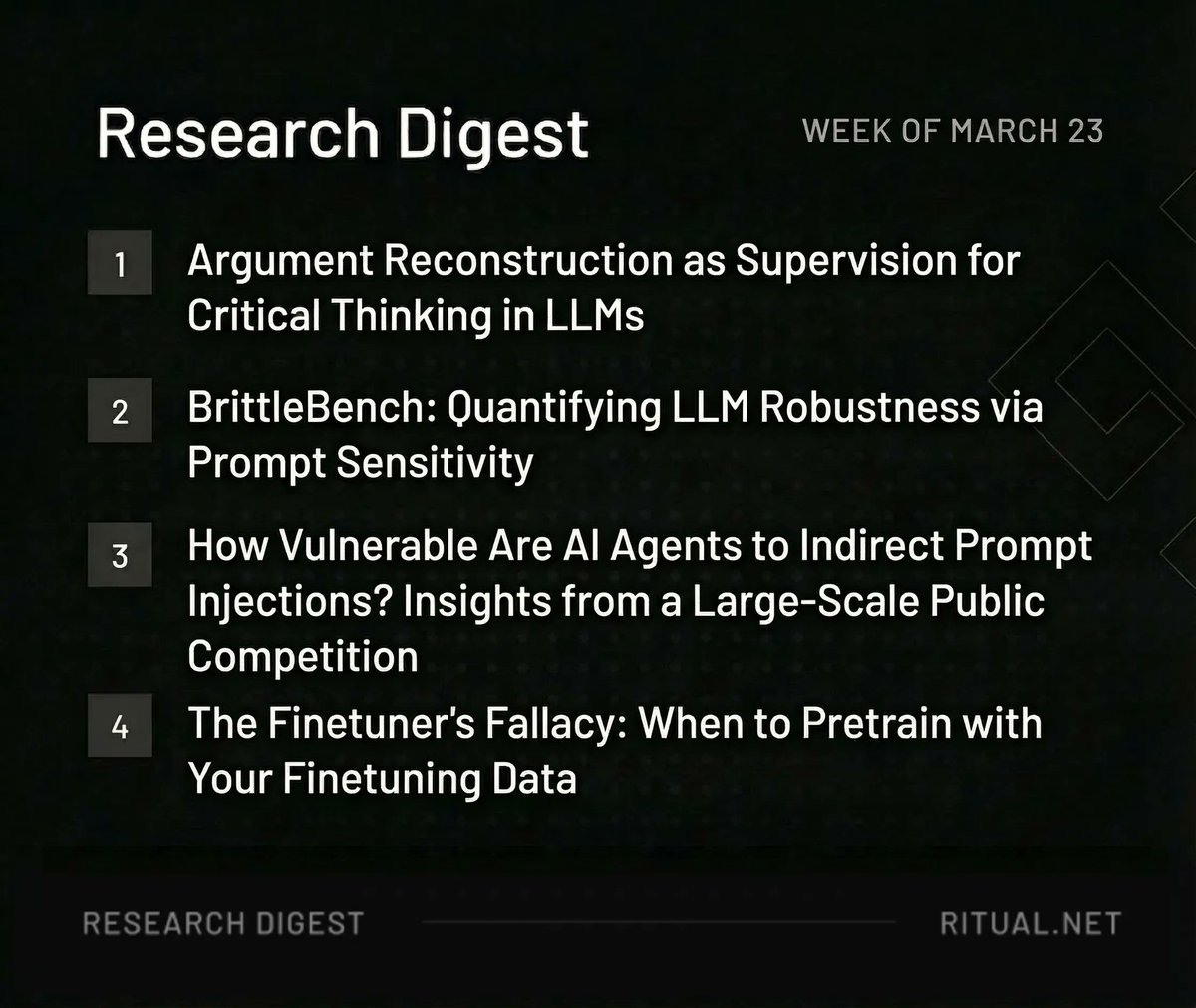 Here’s this week’s Ritual Research Digest, a newsletter covering the latest in the world of LLMs and the intersection of Crypto x AI.

With hundreds of papers published weekly, staying current with the latest is impossible. We do the reading so you don’t have to.