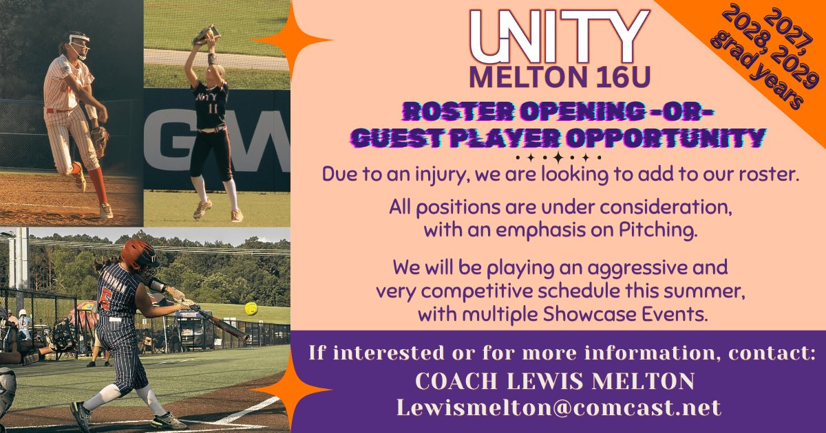 📢🥎 𝑹𝒐𝒔𝒕𝒆𝒓 𝑶𝒑𝒆𝒏𝒊𝒏𝒈 | 𝑮𝒖𝒆𝒔𝒕 𝑷𝒍𝒂𝒚𝒆𝒓 𝑶𝒑𝒑𝒐𝒓𝒕𝒖𝒏𝒊𝒕𝒚 🥎📢   Due to an injury, we are looking to add to our roster.  All positions are under consideration, with an emphasis on Pitching. 

📧 Please contact Coach Lewis Melton at lewismelton@comcast.net