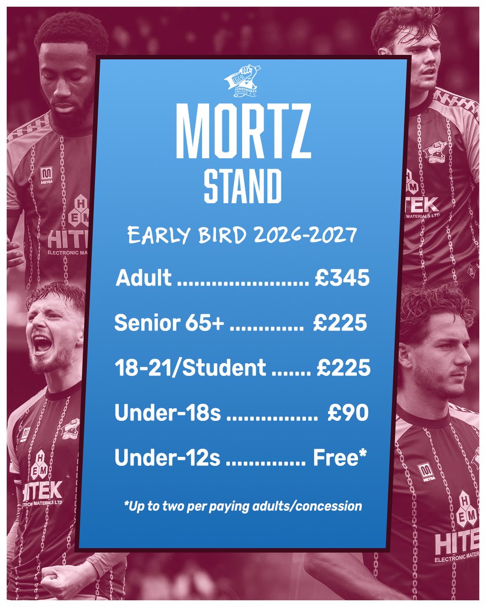 SUFCOfficial's tweet photo. 🎟️ 𝐉𝐎𝐈𝐍 𝐔𝐒 𝐈𝐍 𝟐𝟎𝟐𝟔-𝟐𝟕 - 𝐄𝐚𝐫𝐥𝐲 𝐁𝐢𝐫𝐝 𝐬𝐞𝐚𝐬𝐨𝐧 𝐭𝐢𝐜𝐤𝐞𝐭𝐬 𝐧𝐨𝐰 𝐚𝐯𝐚𝐢𝐥𝐚𝐛𝐥𝐞

Scunthorpe United Football Club is delighted to announce the launch of its Early Bird Season Tickets for the 2026-27 season, offering supporters the best value way to back the Iron for the upcoming campaign.

Following continued progress on and off the pitch, the club is calling on fans to play their part once again by securing their place at the Attis Arena and creating another season of unforgettable matchday atmospheres.

Over the past few seasons, we’ve worked hard to keep Season Ticket prices as accessible as possible for our supporters. However, due to increasing operational costs and our continued commitment to moving the club forward, a small adjustment will be introduced for the 2026-27 season.

We want to reassure fans that Season Tickets still represent the best value way to back the Iron throughout the campaign, and your continued support remains at the heart of everything we do.

Full details 👉 https://t.co/DQvFuW1aGt

#UTI #IRON