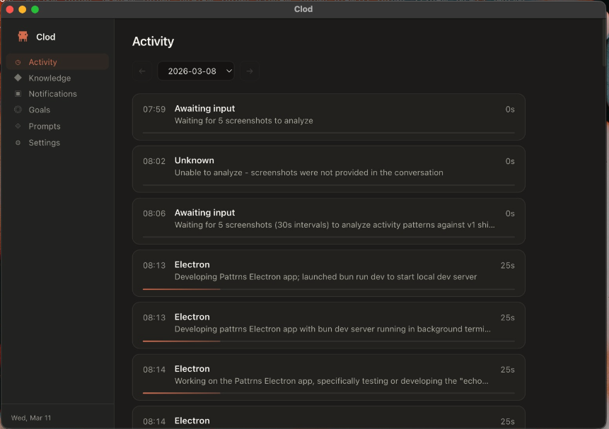 divyaranjan_'s tweet photo. Sick idea! Most people don't know it yet but @AnthropicAI was testing something vv similar earlier this year inside Claude Desktop. A whole separate AI character called Clod, codenamed Echo (aka MidnightOwl internally). It watched your screen continuously, learned your habits, had its own dashboard, behavioural goals, a knowledge graph, and even generated daily work reflections.
They ran it for a while, never shipped it for public and then they quietly stripped it around March and replaced it with something else entirely.
I rebuilt it from what I found months ago to see how it felt. Was genuinely surprised by how well the system was designed. It felt pretty ambitious for something that never saw the light of day.
(actual UI probably looked different but the functionality is real)