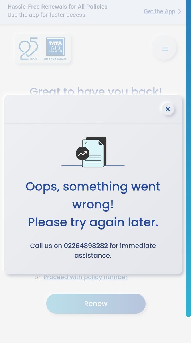 karanpavan's tweet photo. Every time I try renewing my car insurance by clicking on the renewal link, I get this message @TATAAIGIndia. What's the use if it doesn't work? Policy renewal process has to be hassle free. It is very annoying that I am not able to renew it as d deadline is getting closer. https://t.co/S0Gk2YOH9b