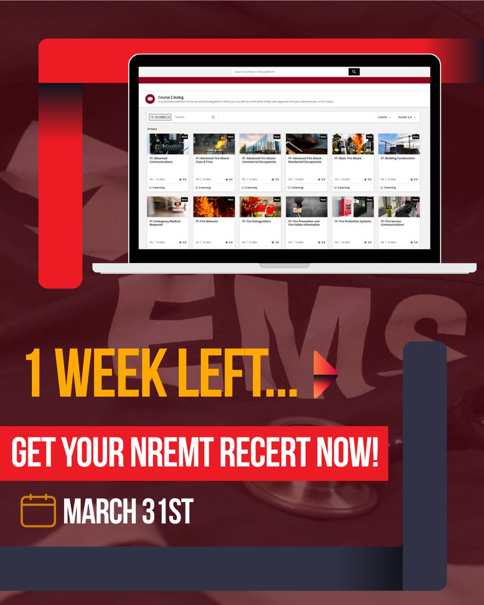 ⏰ Only 1 week left to complete your NREMT recertification! Due by March 31st, don’t risk letting your certification lapse. 🚑

📚 Check out our courses and get recertified today!
ow.ly/vQoF50YvRTx

#NREMT #EMS #Paramedic #EMT #Recertification #ContinuingEducation