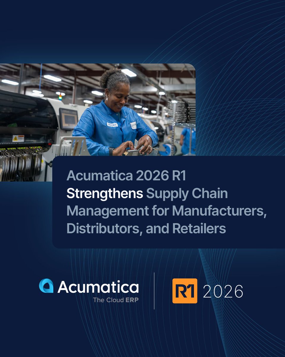 Acumatica's tweet photo. Supply chain complexity isn’t slowing down and neither can your business.

With the latest Acumatica 2026 R1 release, we’re introducing new capabilities designed to help manufacturers, distributors, and retailers respond faster, improve fulfillment, and maintain control over margins.

From smarter warehouse operations and inventory visibility to AI-powered workflows and real-time insights, this update helps teams make more informed decisions across the entire supply chain.

Learn how Acumatica is helping product-driven businesses operate with greater precision: https://t.co/HQxSIPHiAV