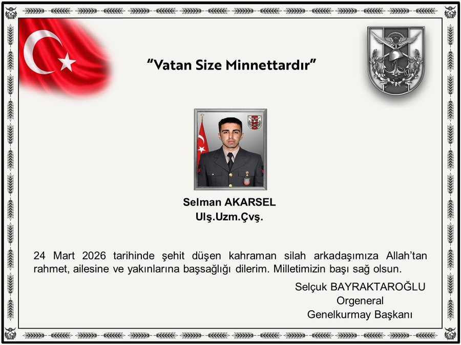 ConflictTR's tweet photo. 🔴 Ağrı Doğubeyazıt'ta askeri araç kazasında ağır yaralanan Ulaştırma Uzman Çavuş Selman Akarsel şehit oldu. https://t.co/G95siLzap7
