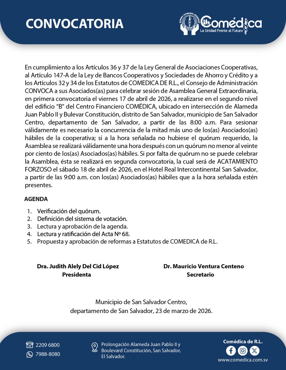 ComedicadeRL's tweet photo. COMÉDICA informa a sus Asociados:

El Consejo de Administración CONVOCA a sus Asociados(as) para celebrar sesión de Asamblea General Extraordinaria de acatamiento forzoso. https://t.co/ob3lQm307l
