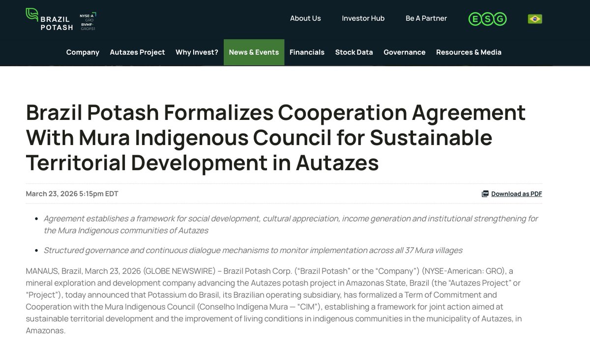 $GRO Social license further confirmed in already permitted project.  Every day Hormuz closed demonstrates greater need for a domestic supply chain.  So obviously becoming a mine yet still trading like a long shot. Could double fast on its way back to $15 🚀🚀🚀