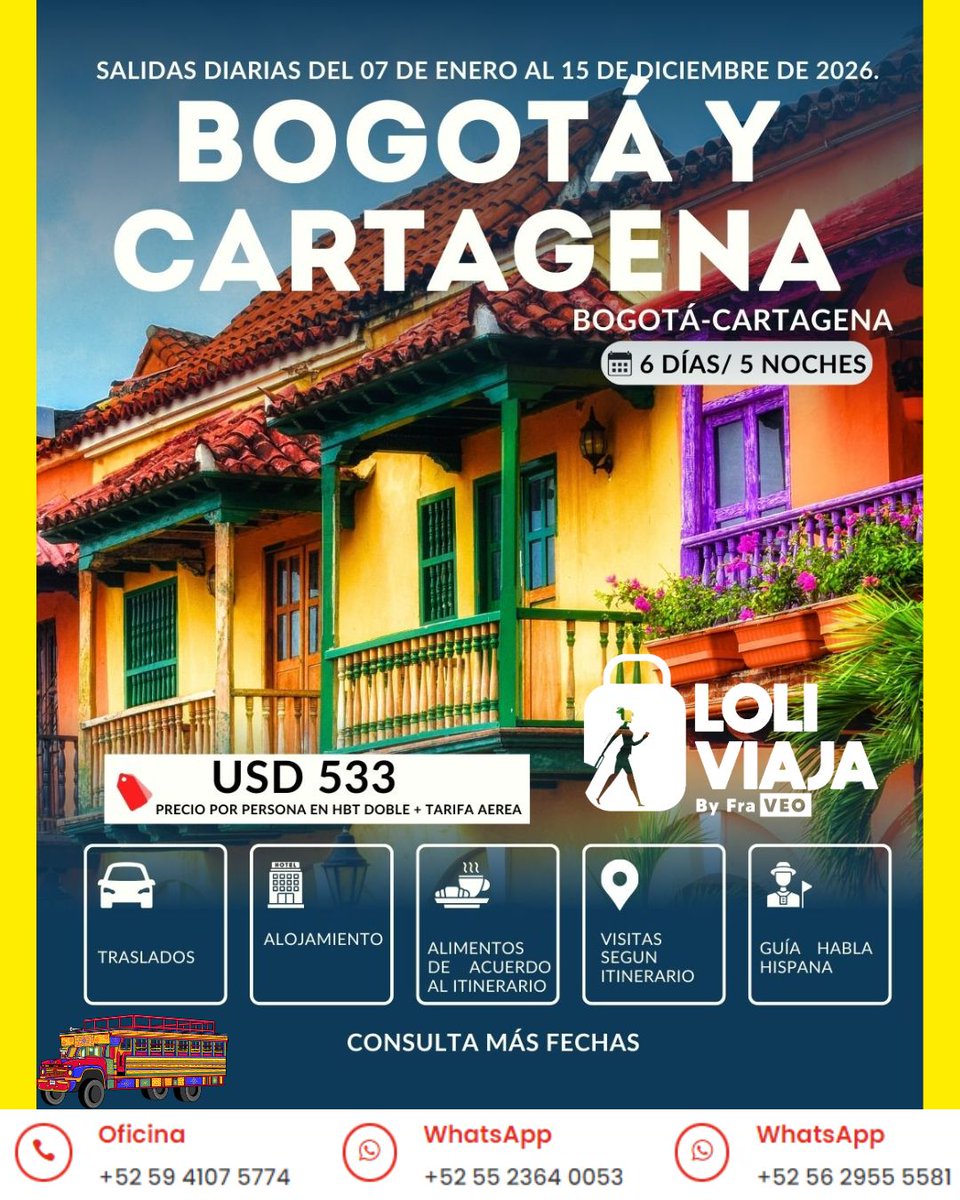 LoliViaja's tweet photo. ¡LO MEJOR DE COLOMBIA TE ESPERA! 🌴

Explora Bogotá y Cartagena con #LoliViaja

🗓️6 días / 5 noches
💰Desde $533 USD + Tarifa aérea
✈️Salidas diarias (Todo 2026)

✅ Incluye:
• Alojamiento
• Traslados
• Desayunos
• Visitas con guía en español

📲 ¡Reserva ahora! 55 2364 0053 https://t.co/ybSVAFUFid