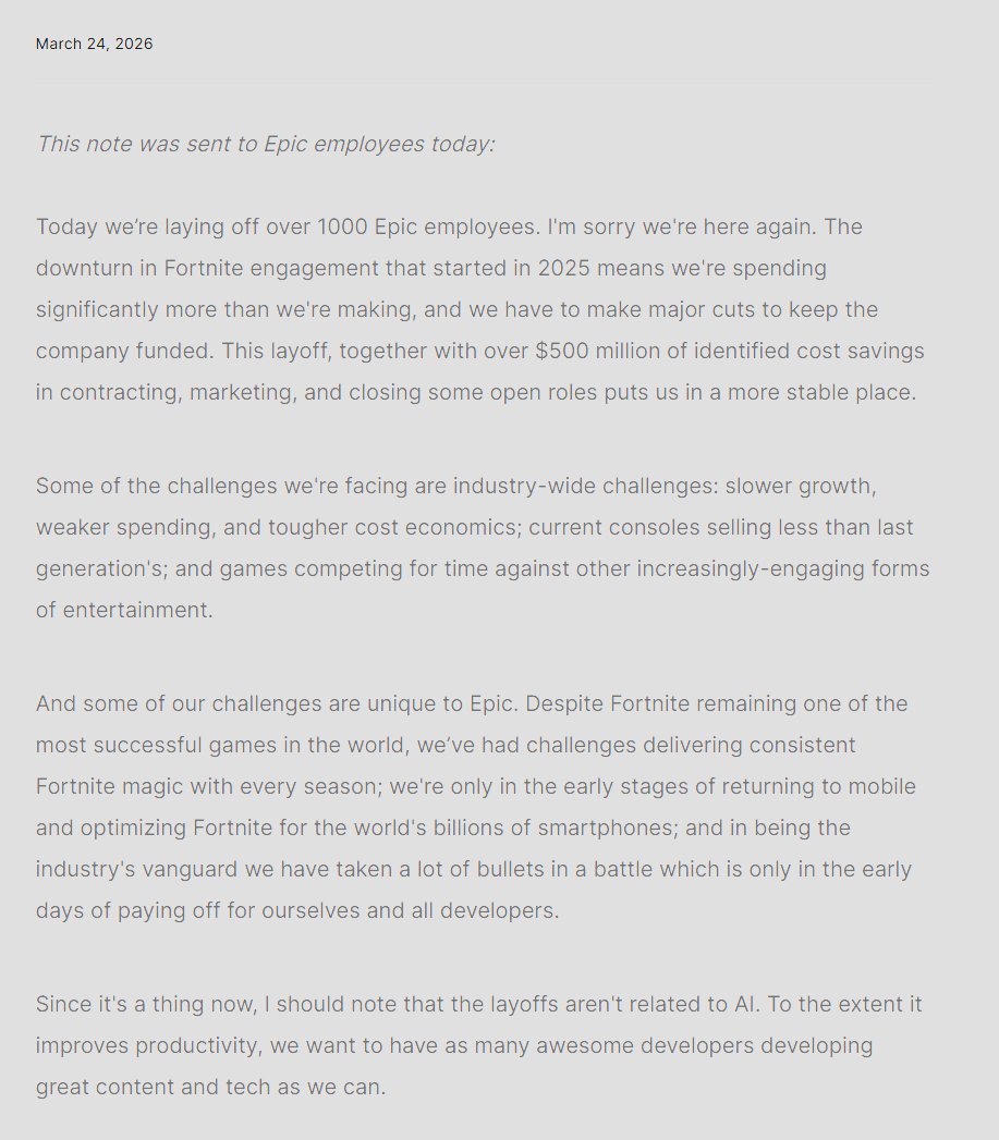 ClaumpCast's tweet image. CC: Epic Games News

After a lackluster 2025 for Fortnite, Epic Games is laying off 1000 employees.

They are also shutting down three Fortnite modes: Ballistic, Festival Battle Stage, and Rocket Racing.

epicgames.com/site/en-US/new…