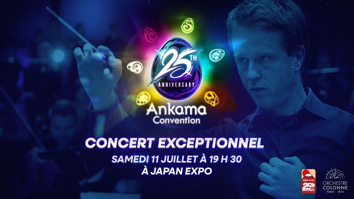 AnkamaGames's tweet photo. 25 ans d’#Ankama, ça se célèbre en grand… et en musique 🎶

L’Ankama Convention débarque à @japanexpo avec un concert exceptionnel le 11 juillet à 19h30.
Orchestre, émotions… préparez-vous à vibrer !

⚠️ Places limitées (1000)
🎟️ Ouverture billetterie : 25 mars à 10h25
---
Ankama’s 25th anniversary calls for a grand celebration... with music! 🎶

The Ankama Convention is coming to Japan Expo with a special concert on July 11 at 7:30pm.
An orchestra, a host of emotions... get ready to be moved!

⚠️ Limited seating (1,000)
🎟️ Tickets: Available starting on March 25 at 10:25am (Paris time)

#JapanExpo
