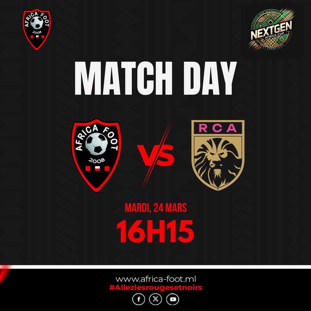 AfricaFootMali1's tweet image. Match Day contre le Racing Abidjan! 
Africa Foot 🆚 Racing Abidjan
⏰ 16h15  🏟️ Stade Robert Champroux Soyez au rendez-vous ! 
👊🇲🇱#AfricaFoot #NextGenCup #AlerteMatch