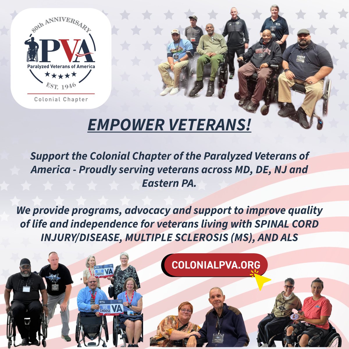 ColonialPVA's tweet photo. April is PVA Awareness Month!
Help the Colonial Chapter of Paralyzed Veterans of America support heroes living with spinal cord injuries and diseases like MS & ALS.
Your donation = real independence, hope, and better lives for paralyzed veterans in our community.
100% goes to the mission. Visit https://t.co/XvrjdbO1gz