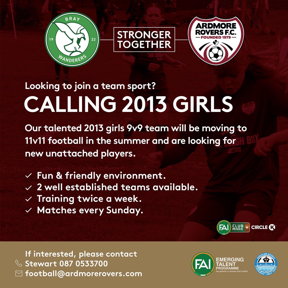 ArdmoreRoversFc's tweet photo. ⚽️ 2013 Girls ⚽️

Looking for a new challenge in a fun but competitive environment?

Look no further than our fabulous 2013 girls teams, 1 of which is expanding to 11v11 football shortly.

If interested, please contact Stewart on-
(087) 0533700 or football@ardmorerovers.com https://t.co/EEFYrcdCFF