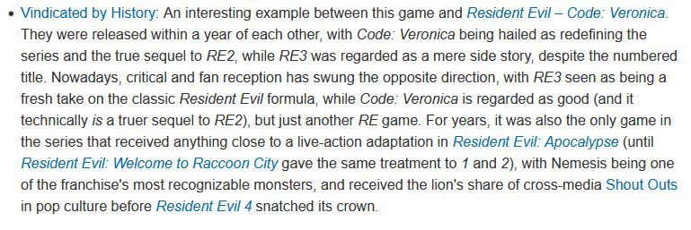 Don't get me wrong, I love Code Veronica, too, but people who claim it is the "true" sequel to RE2 while downplaying RE3's greatness can suck a rotten egg.

#ResidentEvil3 #ResidentEvil3Nemesis #JillValentine #CodeVeronica #ClaireRedfield #CodeVeronica