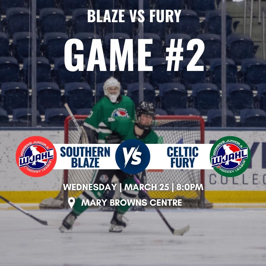 wjahl_'s tweet photo. Back at it for Game #2 💥

The Southern Blaze and Celtic Fury hit the ice tomorrow night with the series heating up.

📅 March 25
🕗 8:00 PM
📍 Mary Brown’s Centre

Be there for another intense finals matchup 🏒🔥 https://t.co/F6GEq8EBl0