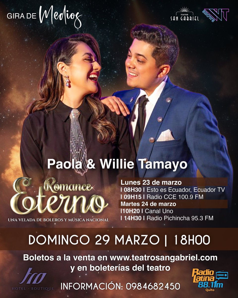 Buenos días a todos ☀️ les compartimos la agenda de medios de <a href="/willietamayoec/">Willie Tamayo</a> y @paolatamayomusic para Romance Eterno. Nos vemos todos el domingo, no falten #entrevista #quito #ecuador #hermanos #paulinatamayo