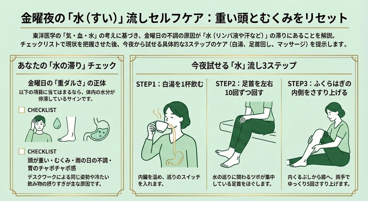 kenji30selfcare's tweet photo. 毎週金曜になると
決まって頭が重くなる人。

それ、疲れの蓄積じゃなくて
「水（すい）」の滞りかもしれない。

東洋医学には
気・血・水という3つの要素がある。

このうち「水」は
体の中の水分すべてを指す概念で
リンパ液・関節液・涙・汗なども含まれる。

水が滞ると——

・頭が重い・ぼんやりする
・体がむくむ
・雨の日に体調が崩れる
・胃がチャポチャポする感じがある
・朝、顔がパンパンになる

天気が悪い日や週末前に不調が増す人は
水が滞っている可能性が高い。

現代人が水を滞らせる3大原因↓

①冷たい飲み物の飲みすぎ

②長時間の同じ姿勢（デスクワーク）

③疲れても動かない

水の滞りを流す「金曜夜の1ルーティン」↓

①お湯（できれば白湯）を1杯飲む

②足首を右回り10回・左回り10回まわす

③内くるぶしから膝に向けて
　ふくらはぎの内側を両手で
　ゆっくりさすり上げる×5回

足首と脛の内側には
水の巡りに関わるツボが集中している。

たった3分、週末前の今夜だけでもやってみて。

週末に使えるケアなので
保存してから試してみてください。

「1ミリでも楽になりたい」と思ったら
フォローして受け取ってください。
@kenji30selfcare