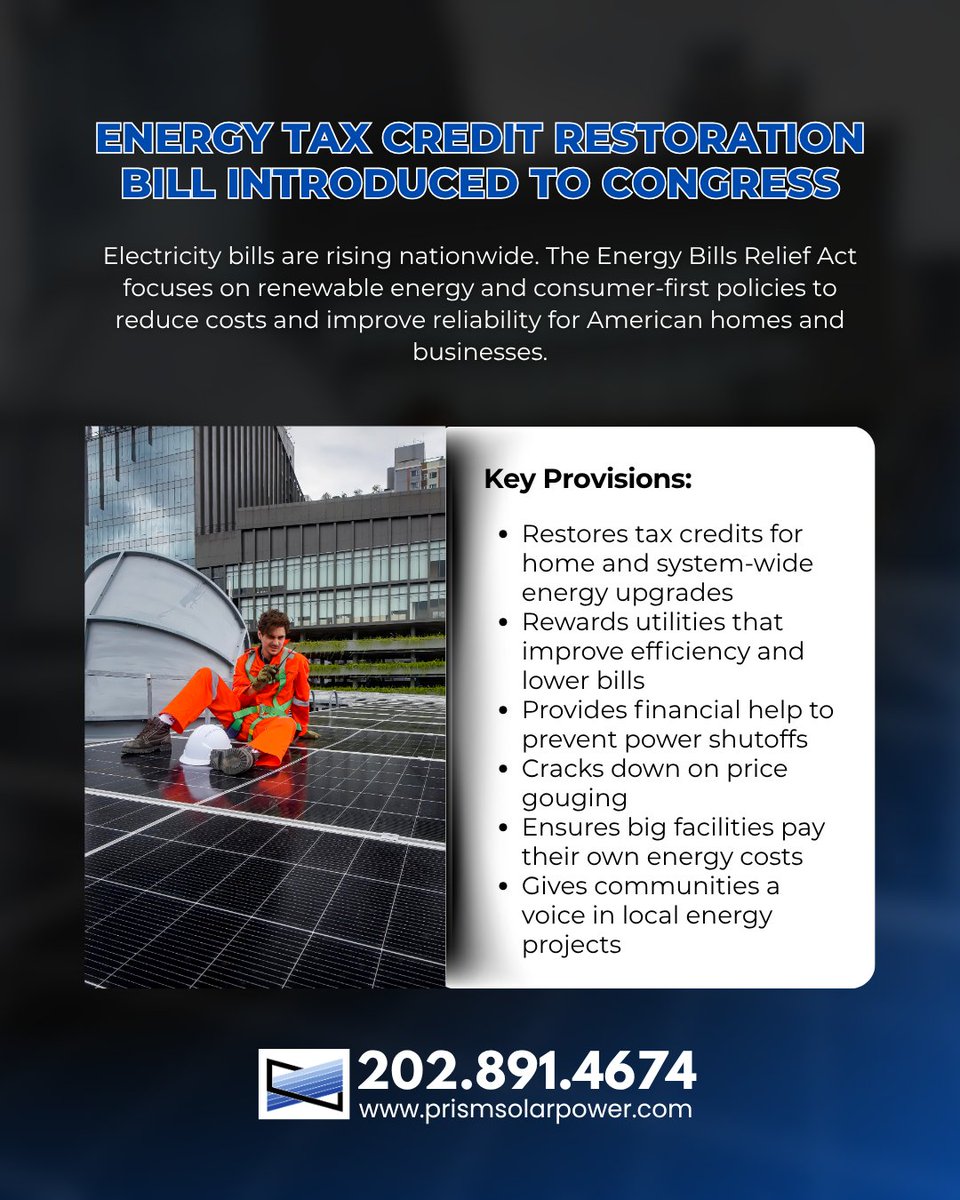 PrismSolarPower's tweet photo. On March 18, 2026, Congress introduced the Energy Bills Relief Act, a 419-page bill designed to reverse last year’s One Big Beautiful Bill changes and restore clean energy tax credits for homeowners and businesses.

Read More here: https://t.co/wtCFlZNoGG

#PrismSolar https://t.co/TipxaqGVvM