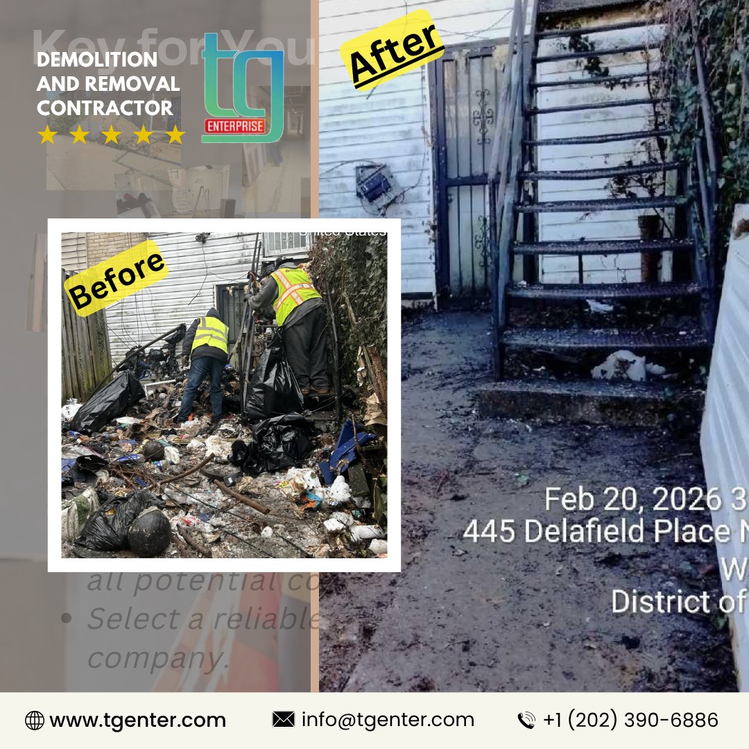 tg_enterprise's tweet image. Contact TG Enterprise today for fast, reliable, and professional cleanup services in the DMV area.
#BackyardCleanup #JunkRemovalDC #DMVContractor #TrashRemovalServices #PropertyCleanout #DebrisRemoval #DemolitionServices #WashingtonDCBusiness #HomeCleanup #BeforeAndAfter