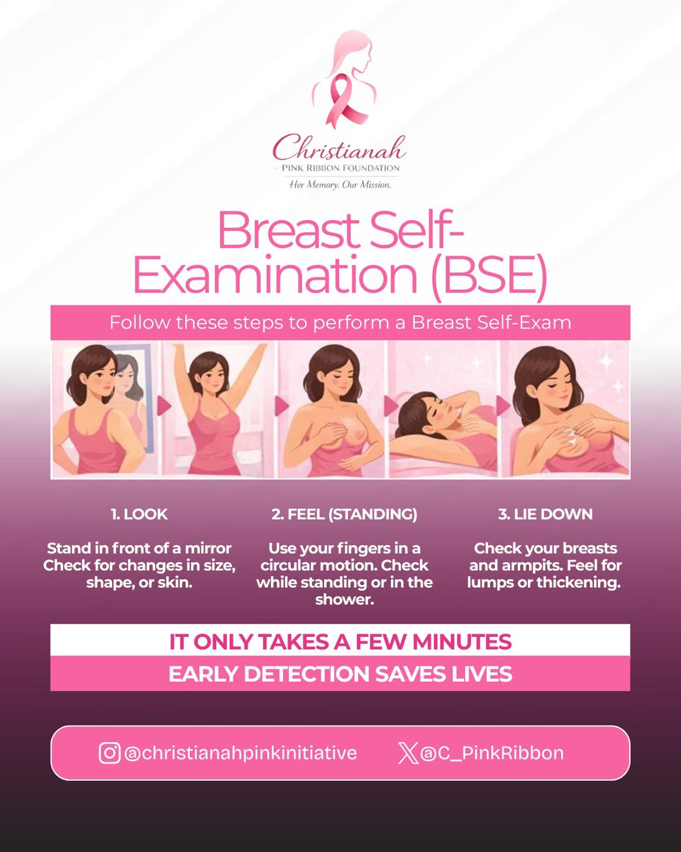C_PinkRibbon's tweet photo. Early detection can save lives 💗
Breast Self-Examination (BSE) is a simple habit that takes just a few minutes, but can make a life-changing difference.
Know your body. Notice changes. Speak up early.
#BreastCancerAwareness #BSE #EarlyDetection #PinkRibbon #CPRF https://t.co/t5De49elhp