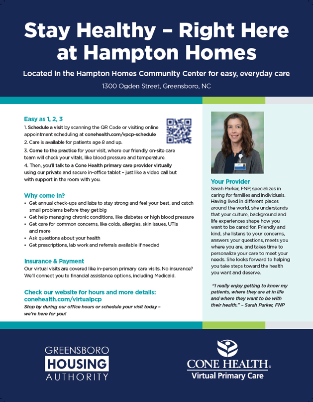 gha450's tweet photo. Virtual Primary Care at our Hampton Homes Community is open and serving the Hampton Homes and Warnersville community.

1300 Ogden St. | Greensboro | 27406

Monday &amp; Thursdays | 9am to 4pm

Book an appointment: https://t.co/Hq33jtMMqK https://t.co/ctGZdXFa7j