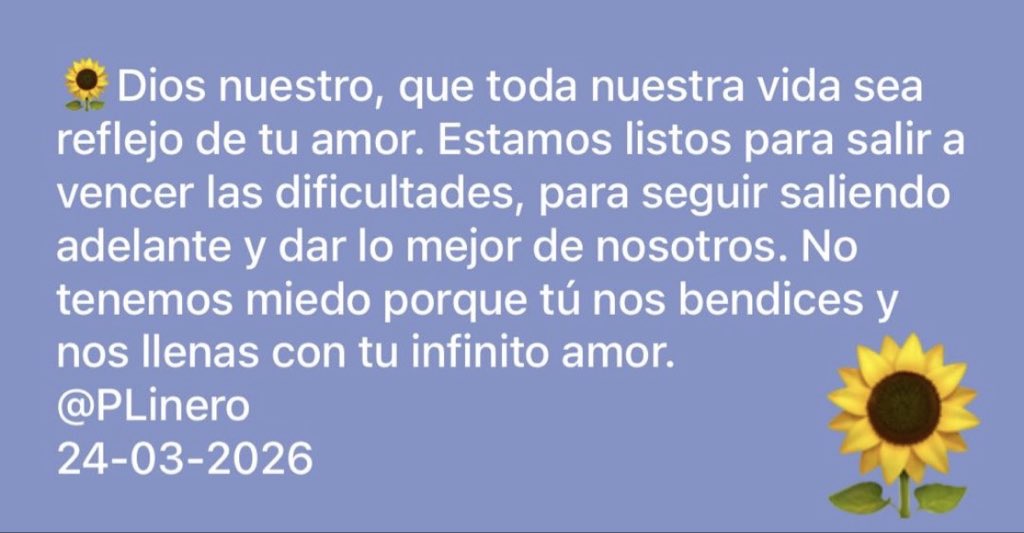 Hoy 24-03-2026 <a href="/PLinero/">Alberto Linero</a> nos regala la siguiente tarea y oración…
🌻Tarea: Cuida a tus amigos.
#GraciasDios.
🎵Feliz☀️día🎵🙂