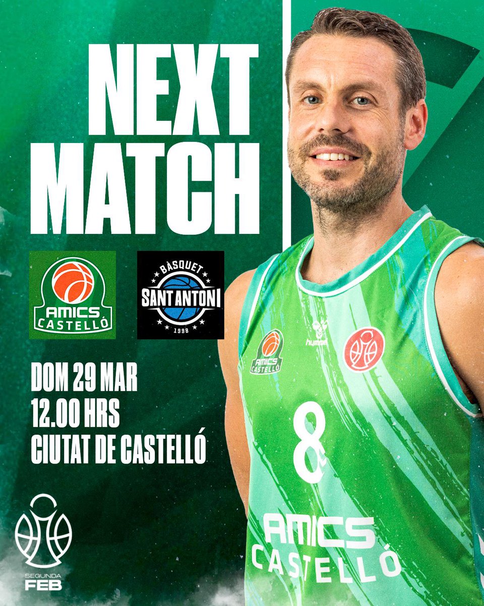amics_castello's tweet photo. 🔥𝐍𝐄𝐗𝐓 𝐌𝐀𝐓𝐂𝐇🔥

🏠🏀No es un partido cualquiera, es la batalla por el liderato. 

🏆 Segunda FEB - J23
🆚 @CBSantAntoni 
📆 Domingo, 29/3
⏰ 12:00h
🏟️ Pabellón Ciutat de Castelló

#Volveremos 💚 https://t.co/UzGh2GgqNW