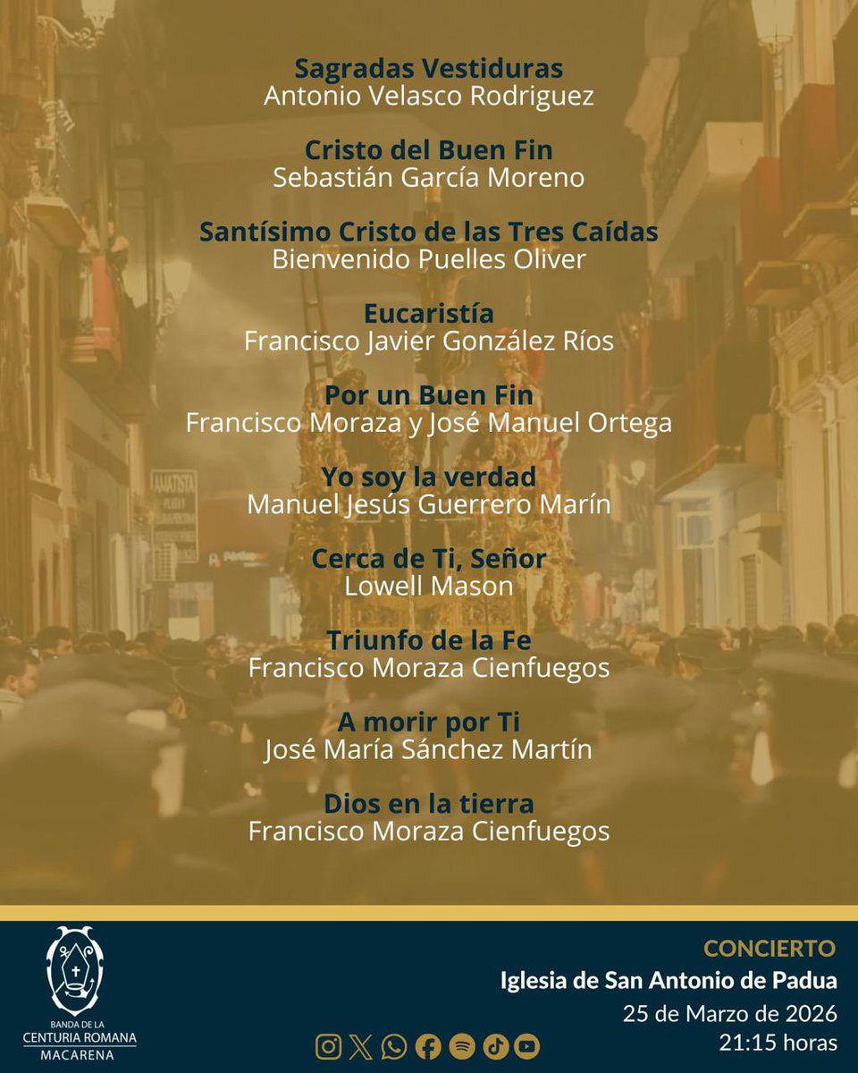 🎼 𝐂𝐎𝐍𝐂𝐈𝐄𝐑𝐓𝐎 𝐁𝐔𝐄𝐍 𝐅𝐈𝐍

🗓️ Miércoles 25 marzo. 
📍 Iglesia de San Antonio • 21:15 horas. 

#SonesMacarenos <a href="/HdadBuenFin/">Hdad. Sacramental del Buen Fin</a>
