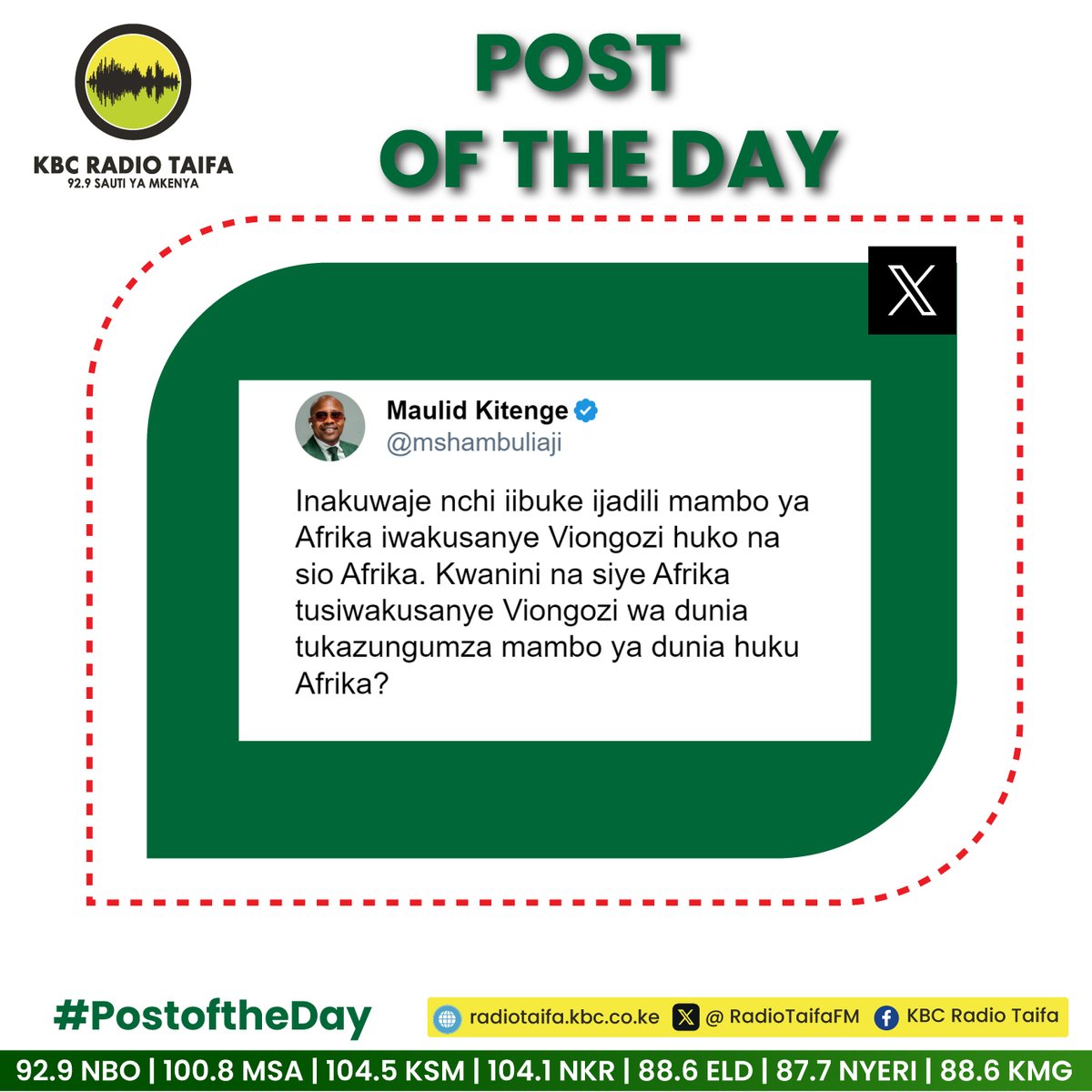 RadioTaifaFM's tweet image. Kwanini na siye Afrika tusiwakusanye viongozi wa dunia tukazungumza mambo ya dunia huku Afrika ?

#postoftheday ^FN