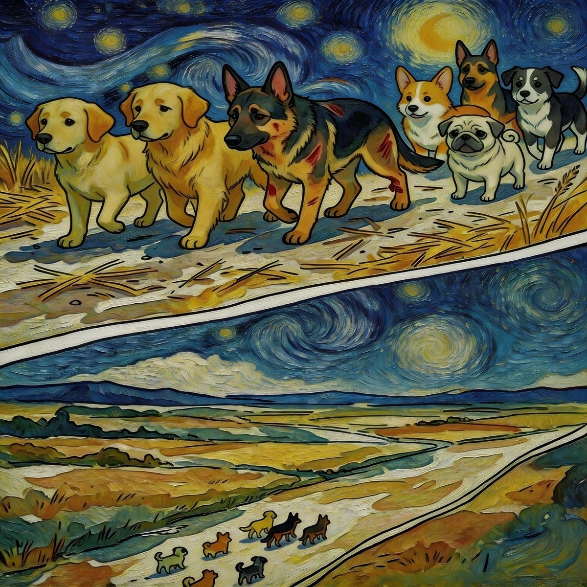 these seven dogs actually all come from the same village. Among them, the German Shepherd, the Golden Retriever, and the little Corgi are even from the same household.

So why did this “great escape” of seven dogs happen?

It turns out that the German Shepherd — the only female
