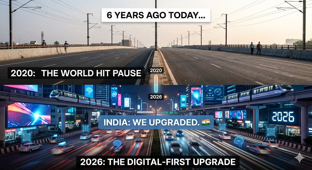 AdityaKesh8668's tweet image. "6 years ago today, the world hit pause. ⏸️ Looking back at those empty roads from 2020 vs. the digital-first, AI-driven India of 2026 is actually wild. We didn't just 'recover'—we upgraded. 🇮🇳 #Lockdown2020 #NewIndia #Progress"