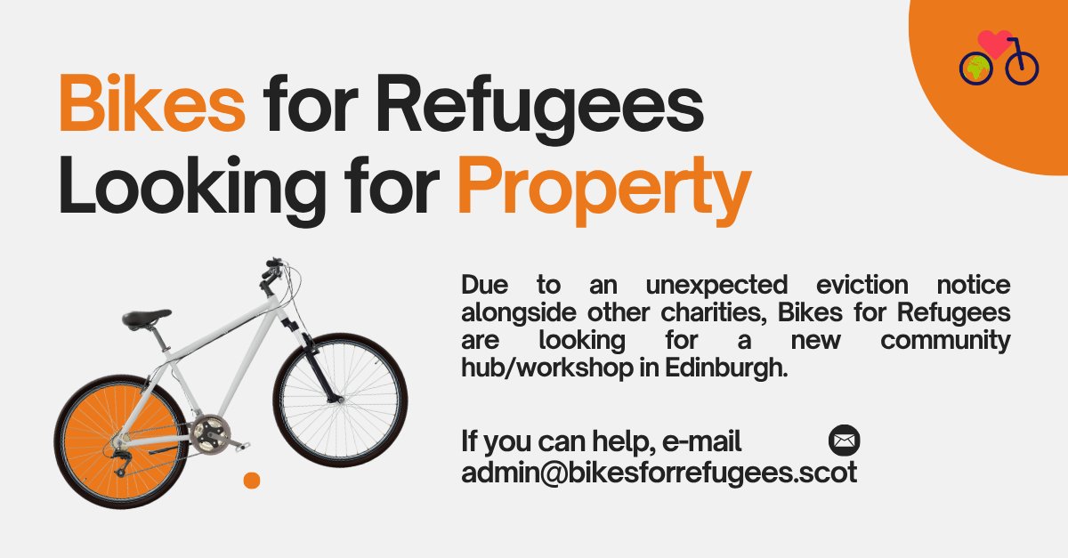 esenscot's tweet photo. Are you able to help with a community hub/workshop in Edinburgh? 🏫 @Bikes4Refugees are looking for space after an unexpected last minute eviction notice alongside other charities 🚴‍♀️

If you can help, contact admin@bikesforrefugees.scot 📧 https://t.co/LsjVkQJTNL