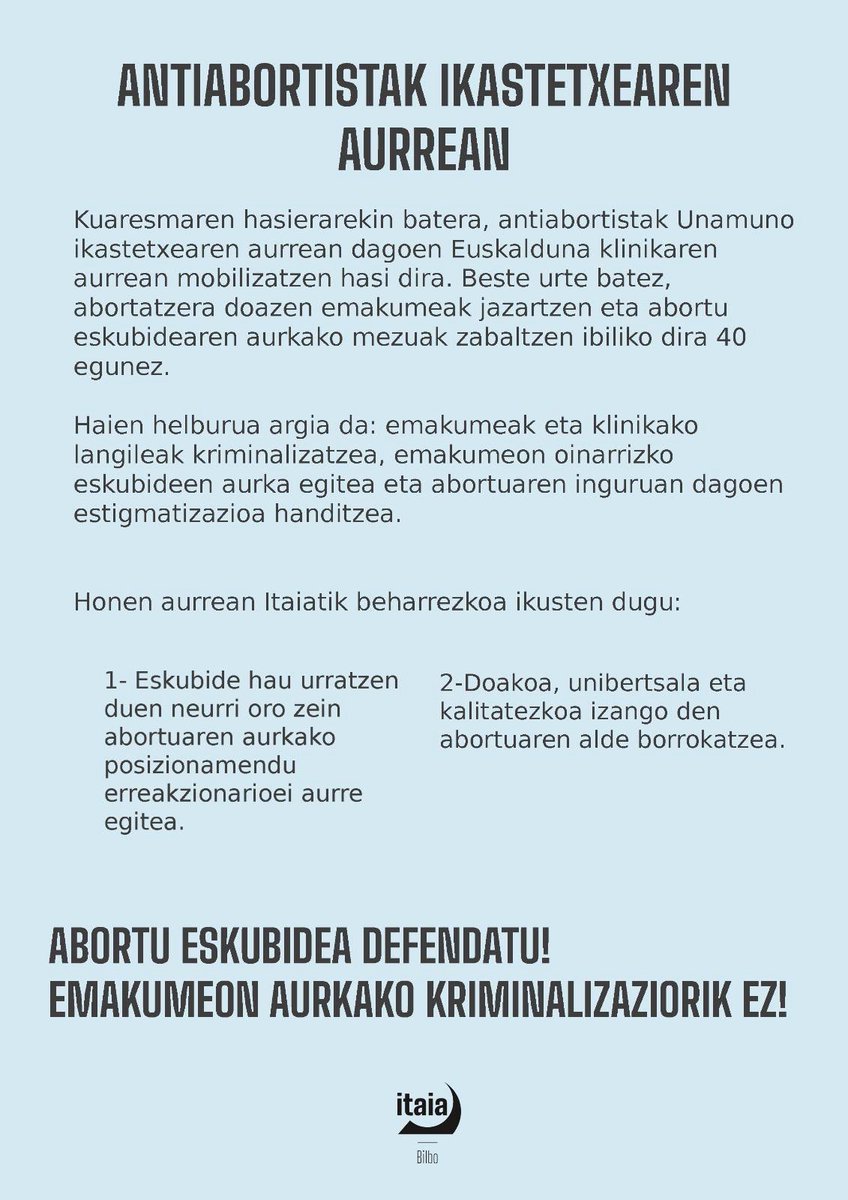 ⚠️ ANTIABORTISTAK IKASTETXEAREN AURREAN!

Ez dugu onartuko emakumeon oinarrizko eskubideen aurkako erasorik ezta kriminalizaziorik.

ABORTU ESKUBIDEA DEFENDATU! EMAKUMEON AURKAKO KRIMINALIZAZIORIK EZ!