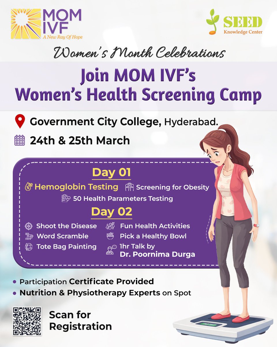 Momivfcenter's tweet image. This Women’s Month, your health comes first 💜

Join MOM IVF’s Women’s Health Screening Camp and take a step towards a healthier, stronger you.
📍 Government City College, Hyderabad
📅 24th &amp;amp; 25th March
#MOMIVF #WomensHealth #WomensMonth #HealthCamp #FreeHealthCamp #WomenWellness