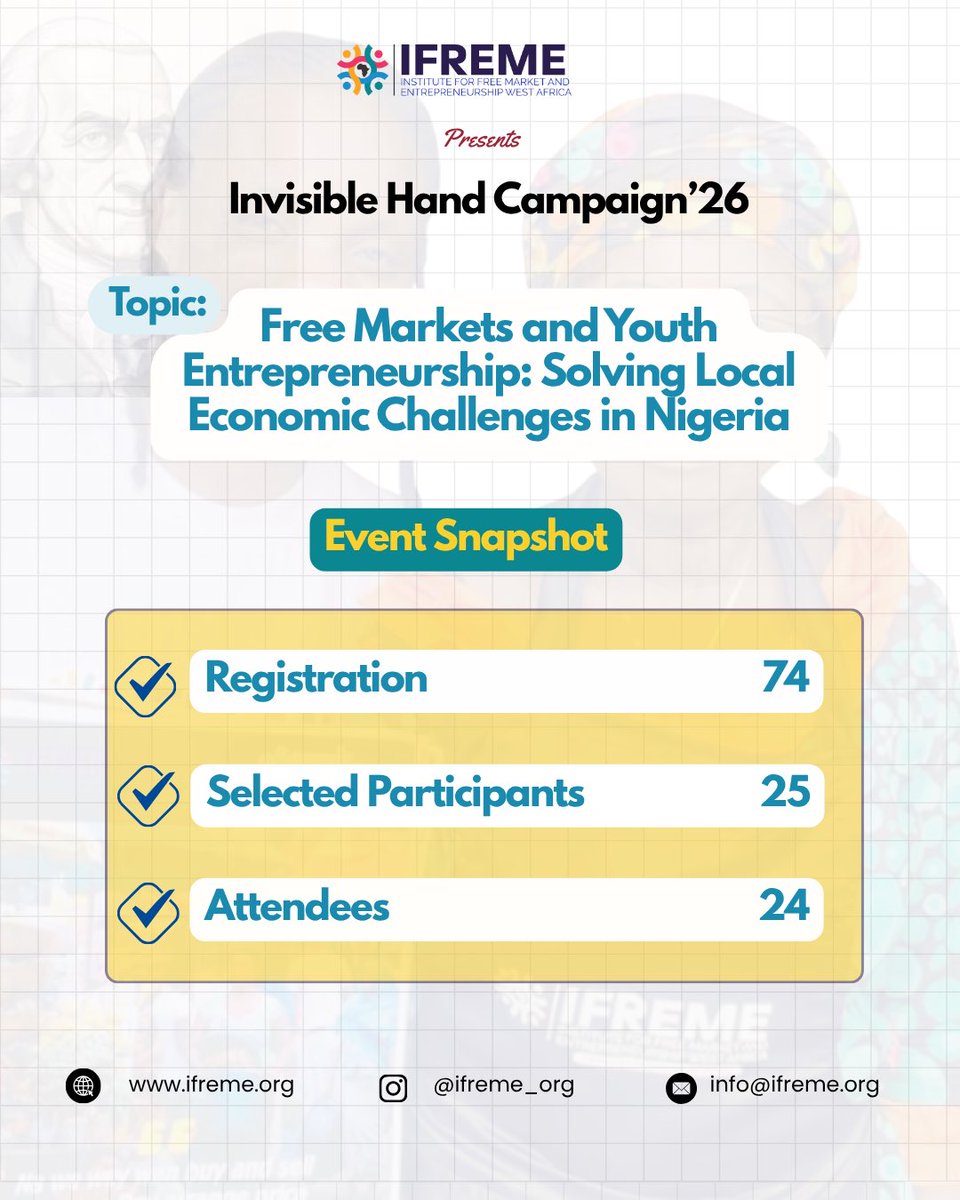 IFREMEORG's tweet photo. ✨ Thank You for Being Part of the Invisible Hand Campaign ’26! First Session 
📊 Event Snapshot:
✔️ 74 Registrations
✔️ 25 Selected Participants
✔️ 24 Attendees

Thanks for your engagement, ideas, and contributions.
Next session link : https://t.co/nckzxOGwuB

#IFREME https://t.co/Mjg9ZuQCW4