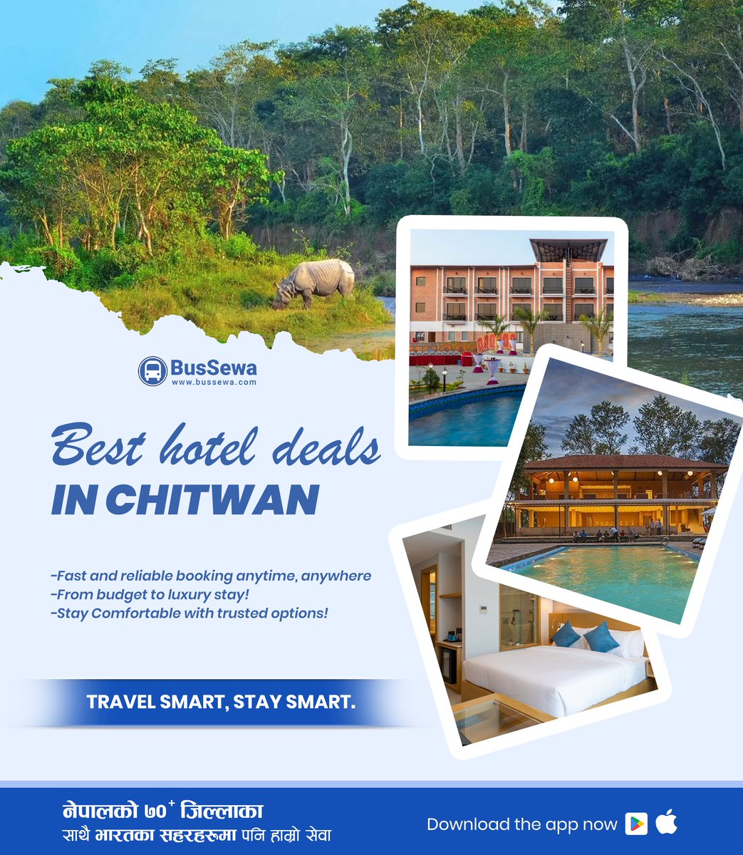 𝐖𝐢𝐥𝐝 𝐚𝐝𝐯𝐞𝐧𝐭𝐮𝐫𝐞𝐬 𝐦𝐞𝐞𝐭 𝐰𝐨𝐫𝐥𝐝-𝐜𝐥𝐚𝐬𝐬 𝐜𝐨𝐦𝐟𝐨𝐫𝐭. 
Discover the heart of Chitwan with the best hotel deals from 𝐁𝐮𝐬𝐒𝐞𝐰𝐚. 
Whether you’re looking for a budget-friendly escape or a luxury jungle retreat, we’ve got you covered. 𝐓𝐫𝐚𝐯𝐞𝐥