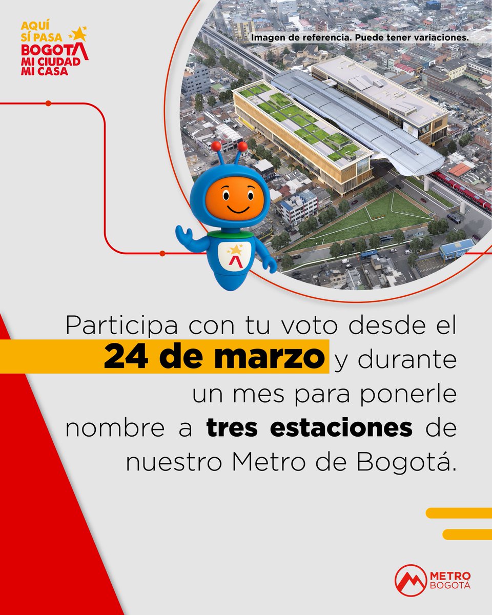 MetroBogota's tweet photo. A partir de hoy, y hasta el 24 de abril, podrás votar para ponerle nombre a tres de las estaciones de nuestro Metro de Bogotá 🚝.
Lo puedes hacer en estos canales:
💻 En Chatico desde https://t.co/PyAPJhuyjU
📱 En el Whatsapp de Chatico (+57 316 0231524) 
✅ En el canal de Whatsapp de la Alcaldía Mayor de Bogotá https://t.co/BGgGtJiVU3
Anímate, vota las veces que quieras, y sé parte de la transformación de nuestra ciudad 🗳️.